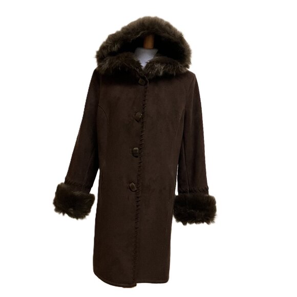Simon Chang Hooded Winter Coat Brown Faux Suede & Faux Fur Shearling Lining Y2K - Picture 1 of 10